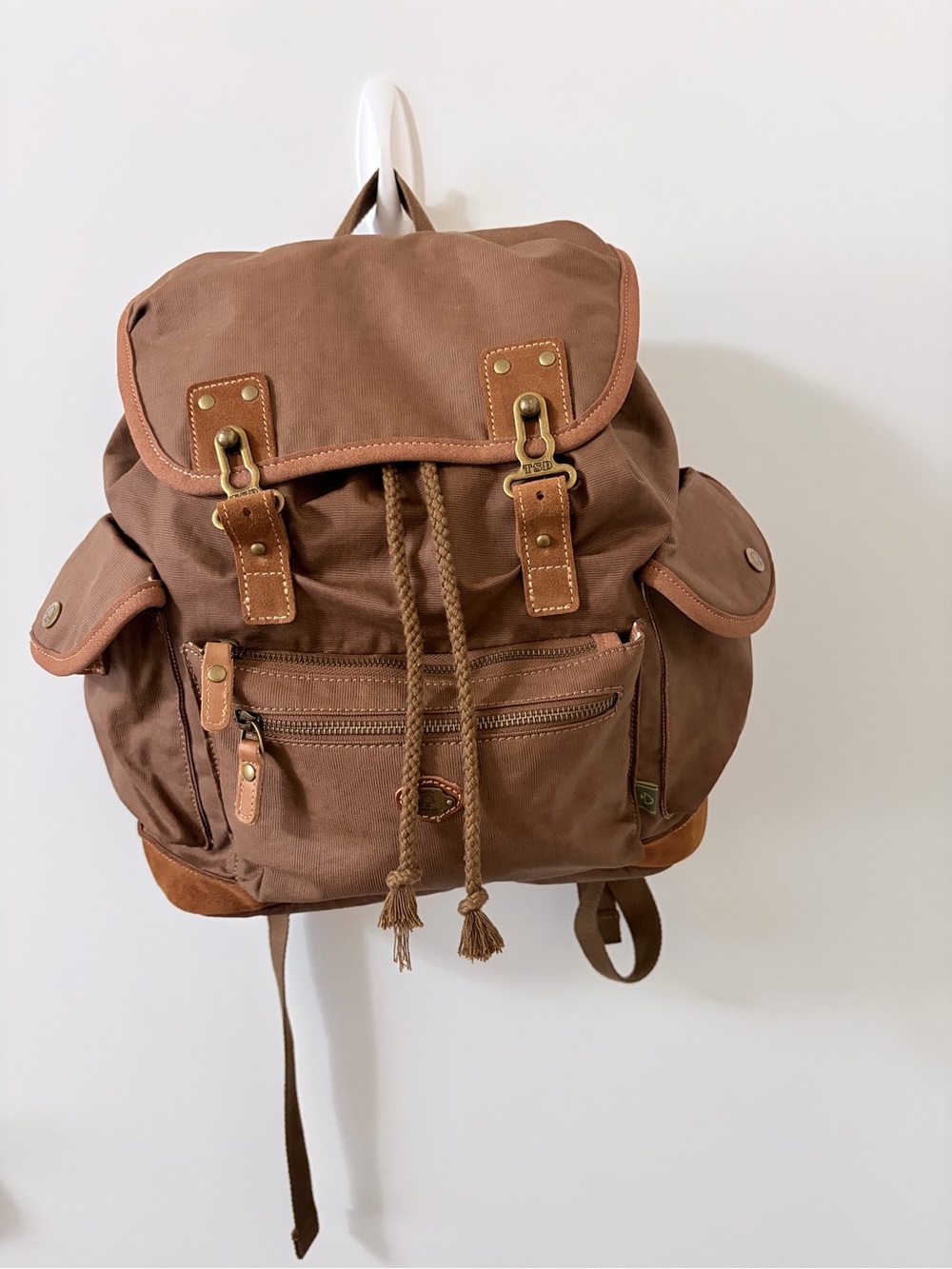 Canvas Drawstring Backpack with Buckle Accents - Brown